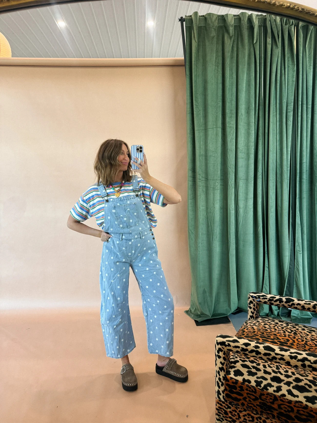 denim polka dot barrel leg overalls | Etta+East