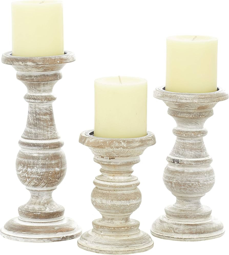 Deco 79 Mango Wood Decorative Candle Holder Turned Style Pillar Candle Stand, Set of 3 Candlestic... | Amazon (US)