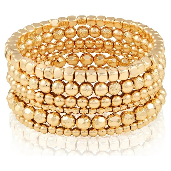 Time and Tru Women's Gold Tone Beaded Stretch Bracelet Set, 6-Piece | Walmart (US)