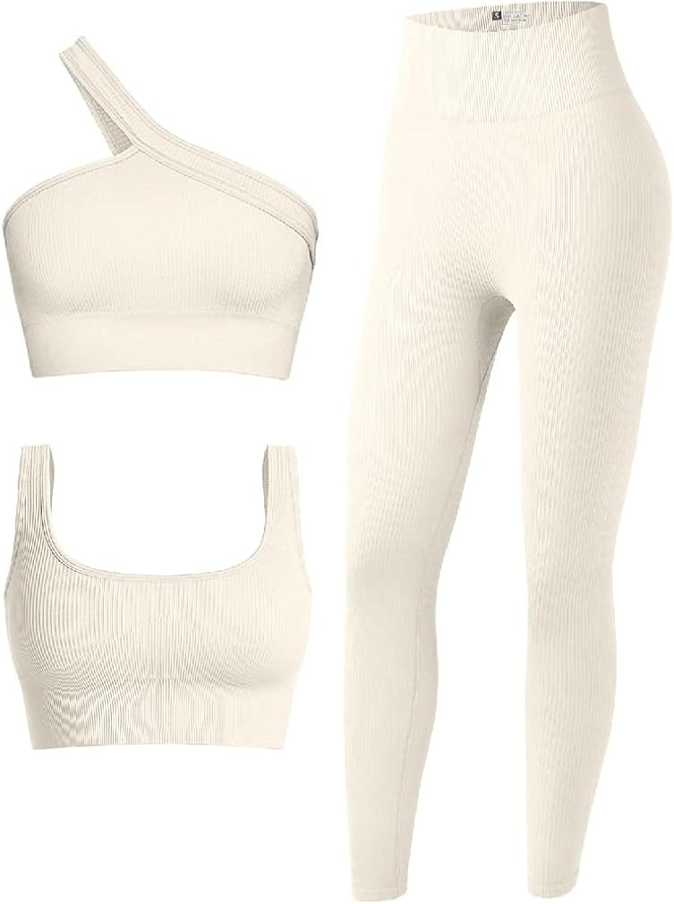 OQQ Women's 3 Piece Outfits Ribbed Seamless Exercise Scoop Neck Sports Bra One Shoulder Tops High... | Amazon (US)