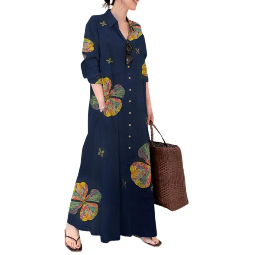 TIAFORD Women's Casual Button Down Cotton Linen Maxi Dress Long Sleeve Lapel Loose Plus Size Shir... | Amazon (US)