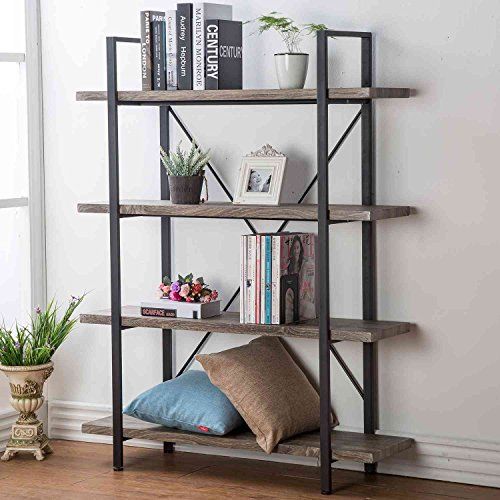 HSH Furniture 4-shelf Vintage Industrial Bookshelf, Rustic Wood and Metal Bookcase, Open Wide Office | Amazon (US)