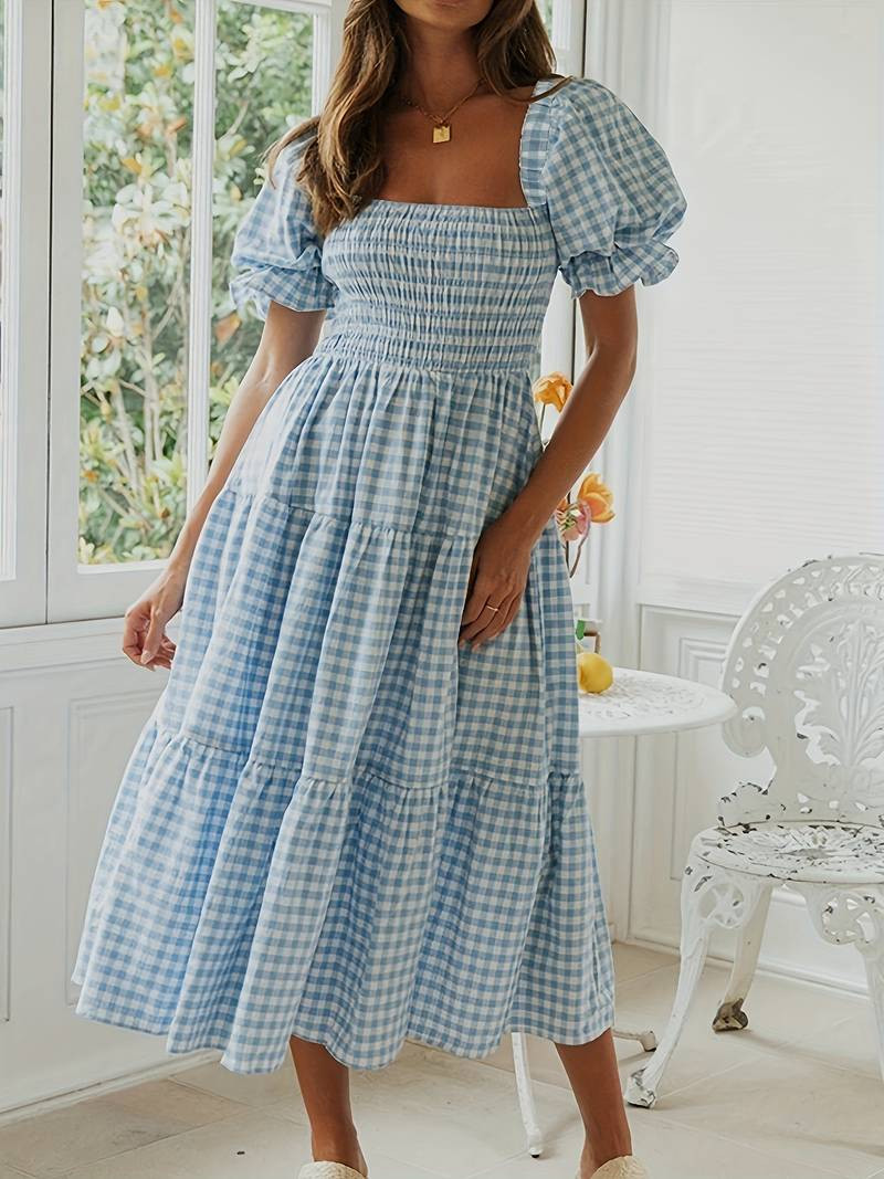 Women's Dresses Casual Plaid Puff Sleeve Square Neck Fashion Summer Ruffle Flowy Beach Midi Dress | Temu Affiliate Program