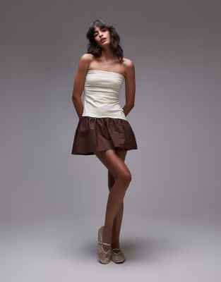 Topshop bandeau poplin mix mini dress in ecru and brown | ASOS | ASOS (Global)