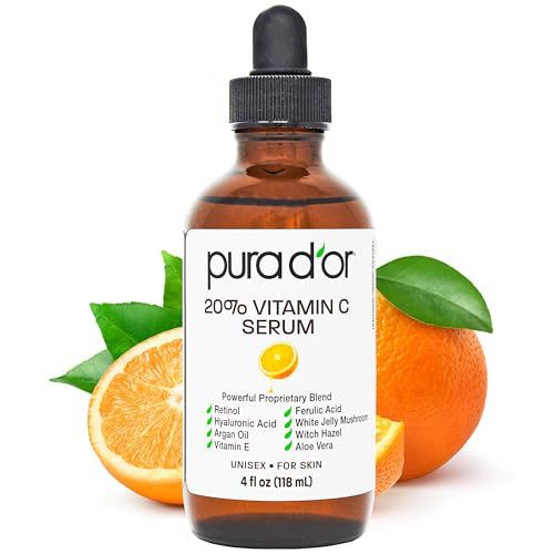 PURA D'OR 20% Vitamin C Facial Serum 4 Oz Antioxidant Blend w/Retinol, Hyaluronic Acid, Vitamin E, Ferulic Acid - Hydrating Lightweight Skincare Formula - Men Women Daily Use After Bath Oil Skin Care | Amazon (US)