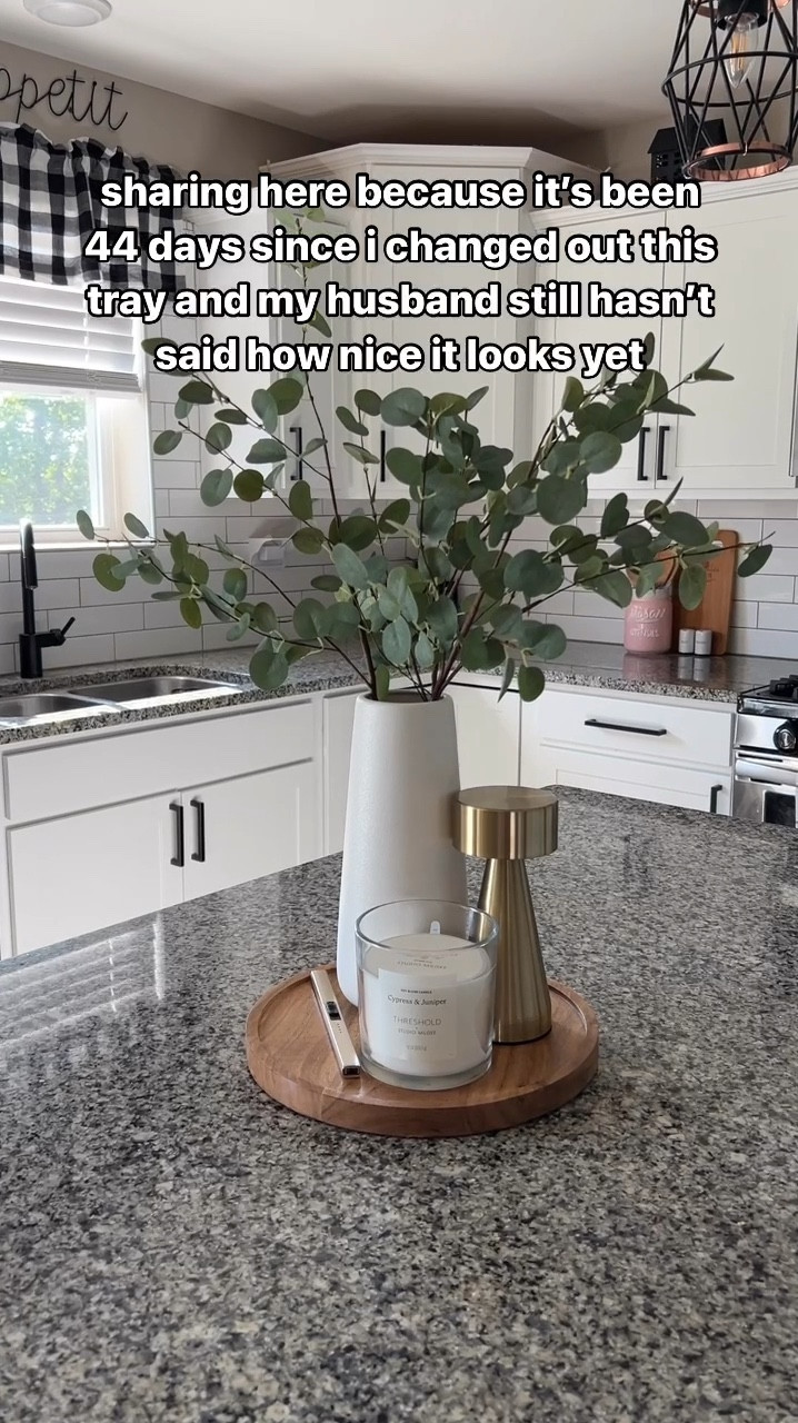 Small kitchen island tray styling with white ceramic vase, faux eucalyptus, three wick candle, rechargeable lamp and electric lighter.

#LTKFindsUnder50 #LTKHome #LTKVideo