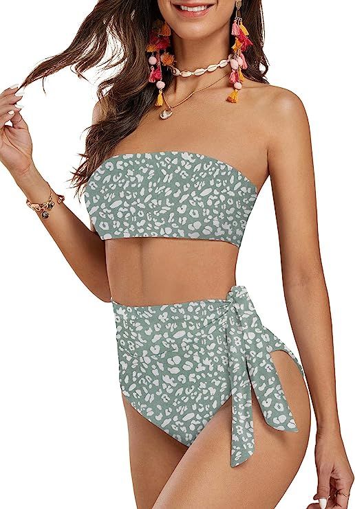 Ferbia Women Strapless Bikini Set High Waisted Bandeau Swimsuits Tie Wrap Floral 2 Piece Bathing ... | Amazon (US)