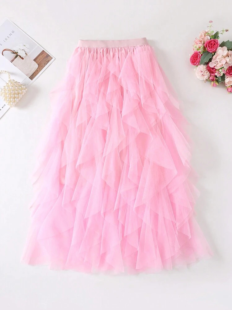 1pc Women's New Fashion Asymmetric Ruffled Layer Cake Mesh Tutu Skirt | SHEIN
