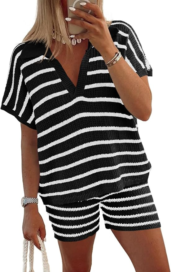 Tankaneo Womens 2 Piece Outfits Striped Knit Summer Sets V Neck Short Sleeve Tops and Shorts Loun... | Amazon (US)