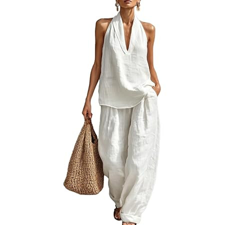 Linen Sets for Women 2 Piece,Outfits Sleeveless Linen Two Piece Set Women Wide Leg Pants Summer L... | Amazon (US)