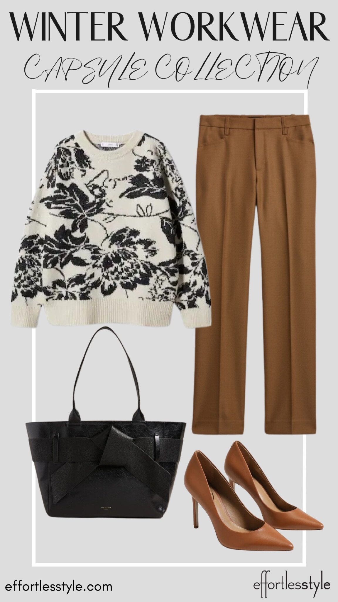 Printed Sweater + Camel Pants + Cognac Pumps
🤎🤍🖤

#LTKworkwear #LTKstyletip #LTKSeasonal