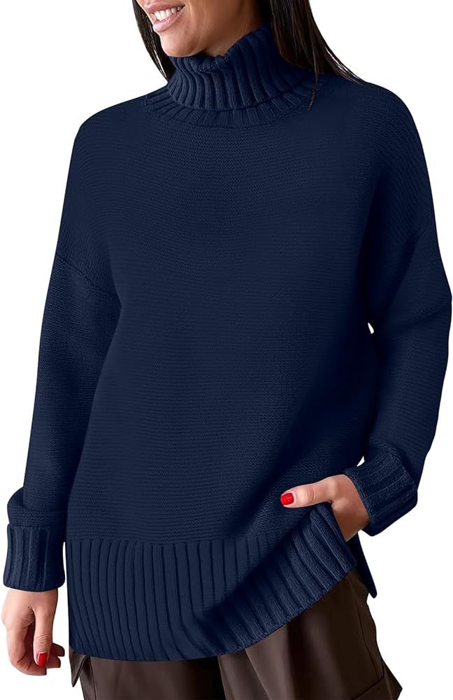 ANRABESS Womens Turtleneck Sweaters Oversized Long Sleeve Split Hem Chunky Knit Casual Pullover S... | Amazon (US)