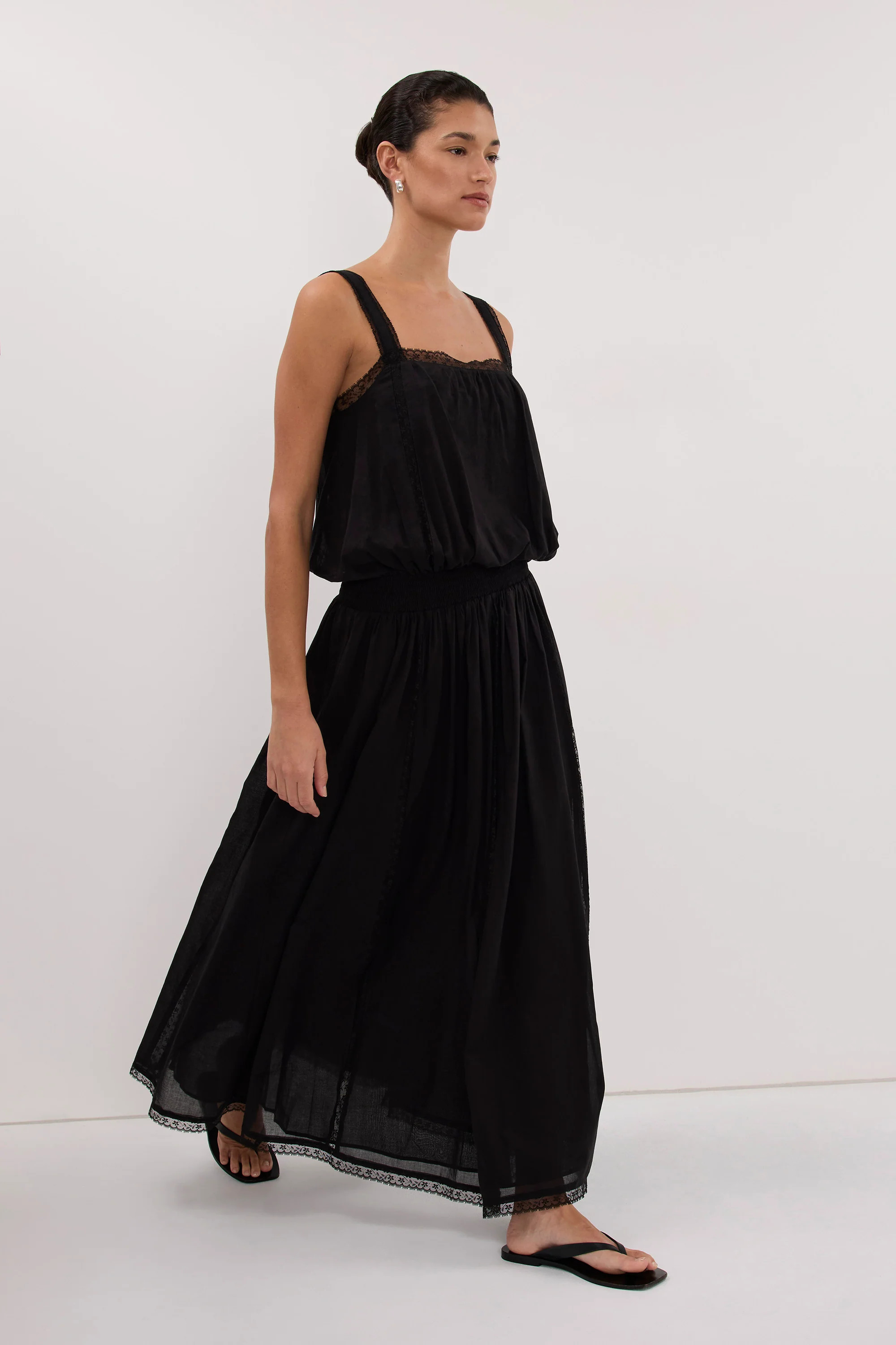ROSIN BLACK SHIRRED MIDI DRESS | DISSH