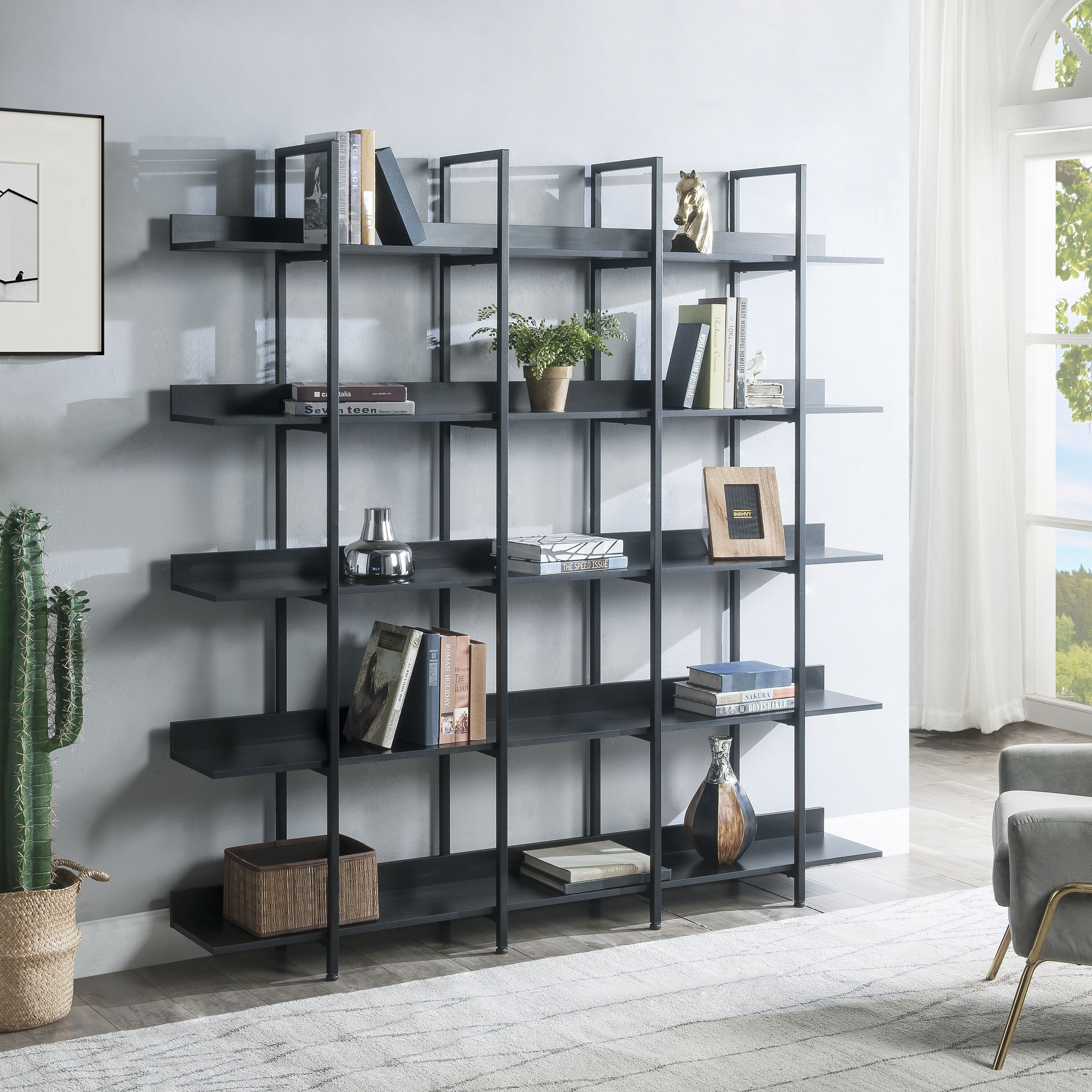 ModernLuxe 5 Tier Bookcase Home Office Open Bookshelf Vintage Industrial Style Shelf with Metal Frame MDF Board | L3P-N725P247766Z | Lowe's