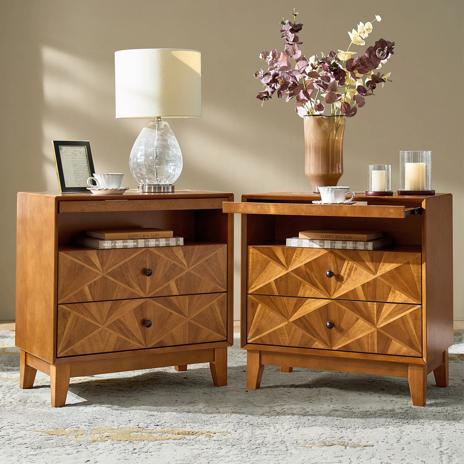 Casio Mid-Century Modern 28‘’W 2-Drawer End Table with Charging Station and Open Shelf  (Set ... | Wayfair North America