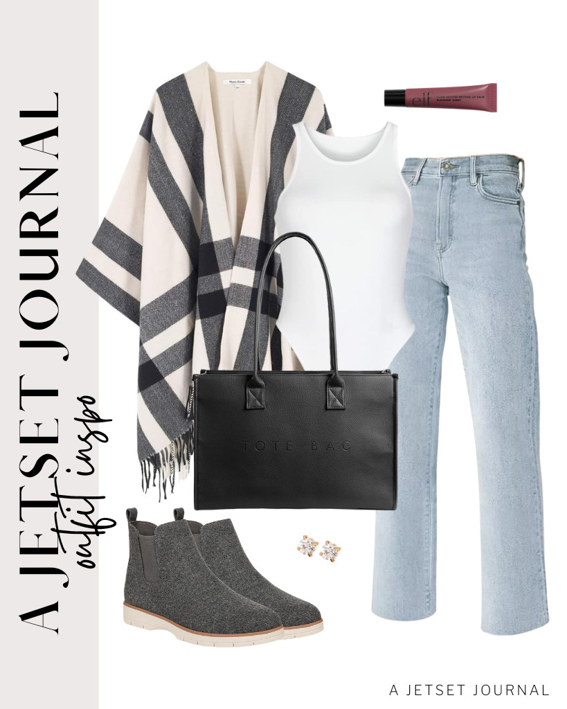 Our bodysuit and KDF jeans combination is better with this beige checkered Moss Rose shawl. To style, you can step into Dr. Scholl’s Northbound ankle boots and grab this KALIDI leather tote bag. We also love this e.l.f. Glow Reviver Melting Lip Balm for this look! 

 #LTKSeasonal #LTKSaleAlert #LTKTravel