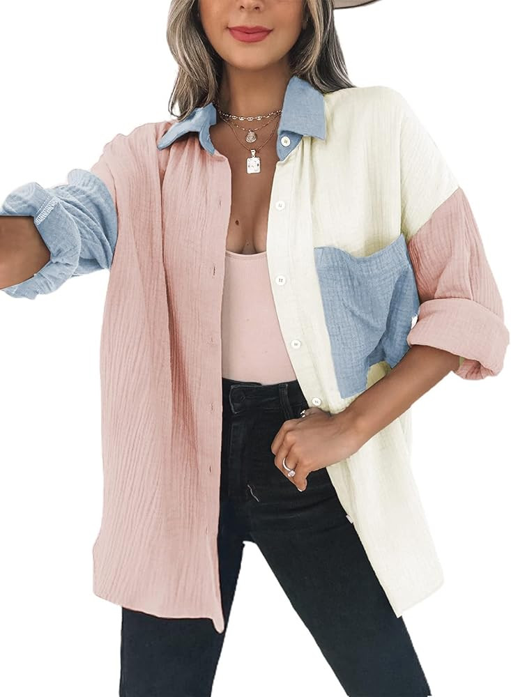 Dokotoo Womens Color Block Button Down Shirts Long Sleeve Oversized Boyfriend Blouses Tops | Amazon (US)
