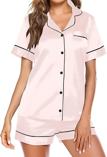 Ekouaer Satin Pajamas for Women Button Down Sleepwear Soft Silk Loungewear Short Sleeve Top and S... | Amazon (US)