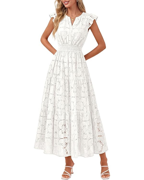 MEROKEETY Women's Summer Lace Eyelet Maxi Dress 2026 Spring Casual Boho Flutter Sleeve Tiered Flo... | Amazon (US)