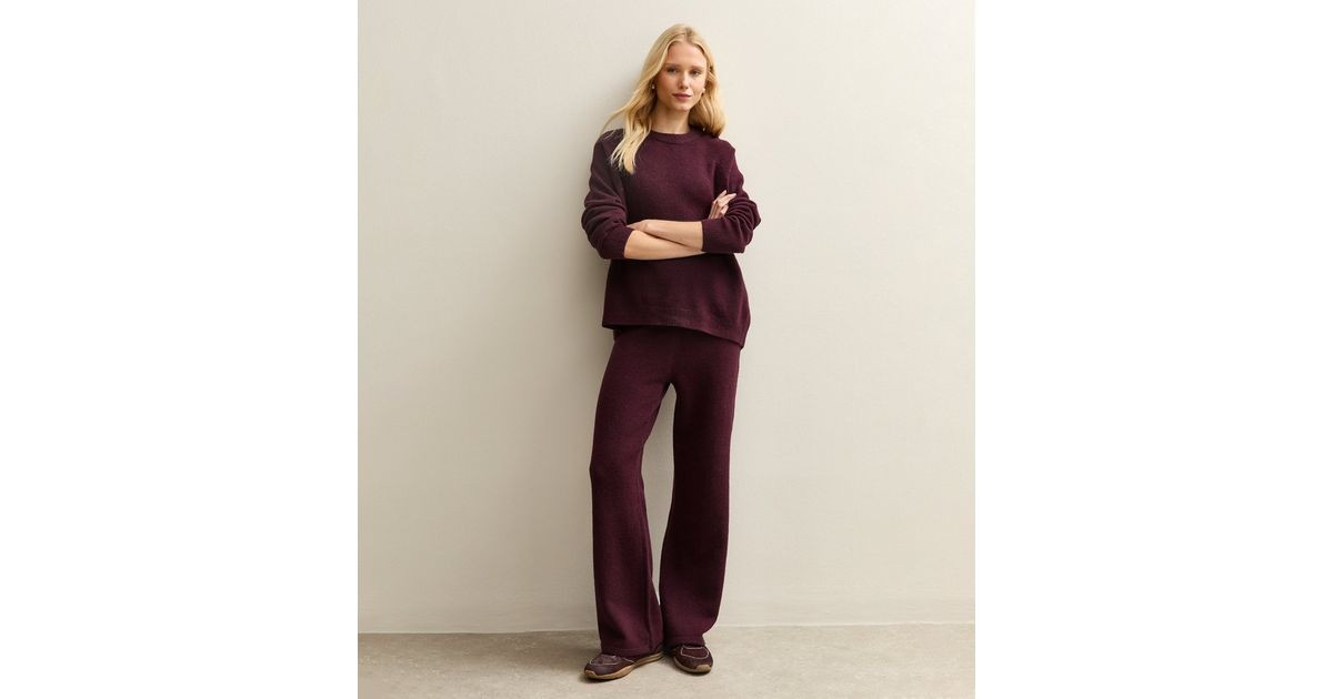 Dark Burgundy Knit Wide Leg Trousers | New Look | New Look (UK)