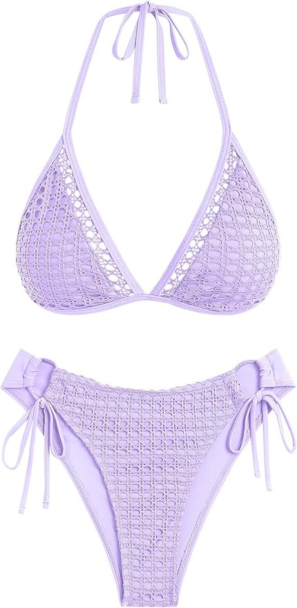 ZAFUL Women's Halter Triangle Bikini Set Crochet Boho Floral Swimsuit Cut Out Tie Side Two Piece ... | Amazon (US)
