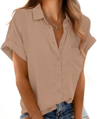 Button Down Short Sleeve Shirts for Women V Neck Loose Roll Up Collared Shirt Casual Summer Tops ... | Amazon (US)