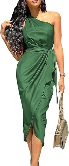 PRETTYGARDEN Women's Ruched Bodycon Dress Asymmetrical Sleeveless One Shoulder Wrap Satin Belted ... | Amazon (US)
