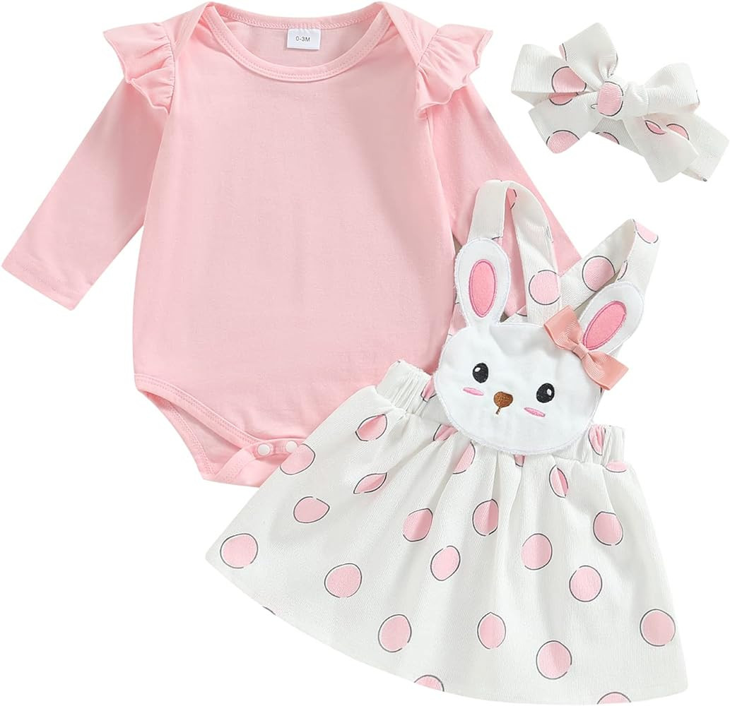 Newborn Baby Girl Pink Bunny Outfit Long Sleeve Romper Rabbit Suspender Skirt Overall Dress Headb... | Amazon (US)