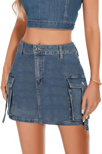 PEIQI Women's Mini Cargo Denim Skirt Cute High Waist Button Y2k Jean Skirt with Pocket Denim Blue XX-Large | Amazon (US)