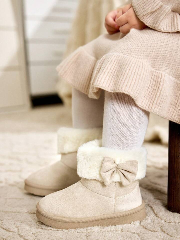 Cozy Pixies 1 Pair Beige Baby Girl Bowknot Fluffy Fashion Warm Cute Comfortable Casual Sports Snow Boots, Suitable For Daily Workout & Outdoor Activities, Autumn/Winter Shoes | SHEIN
