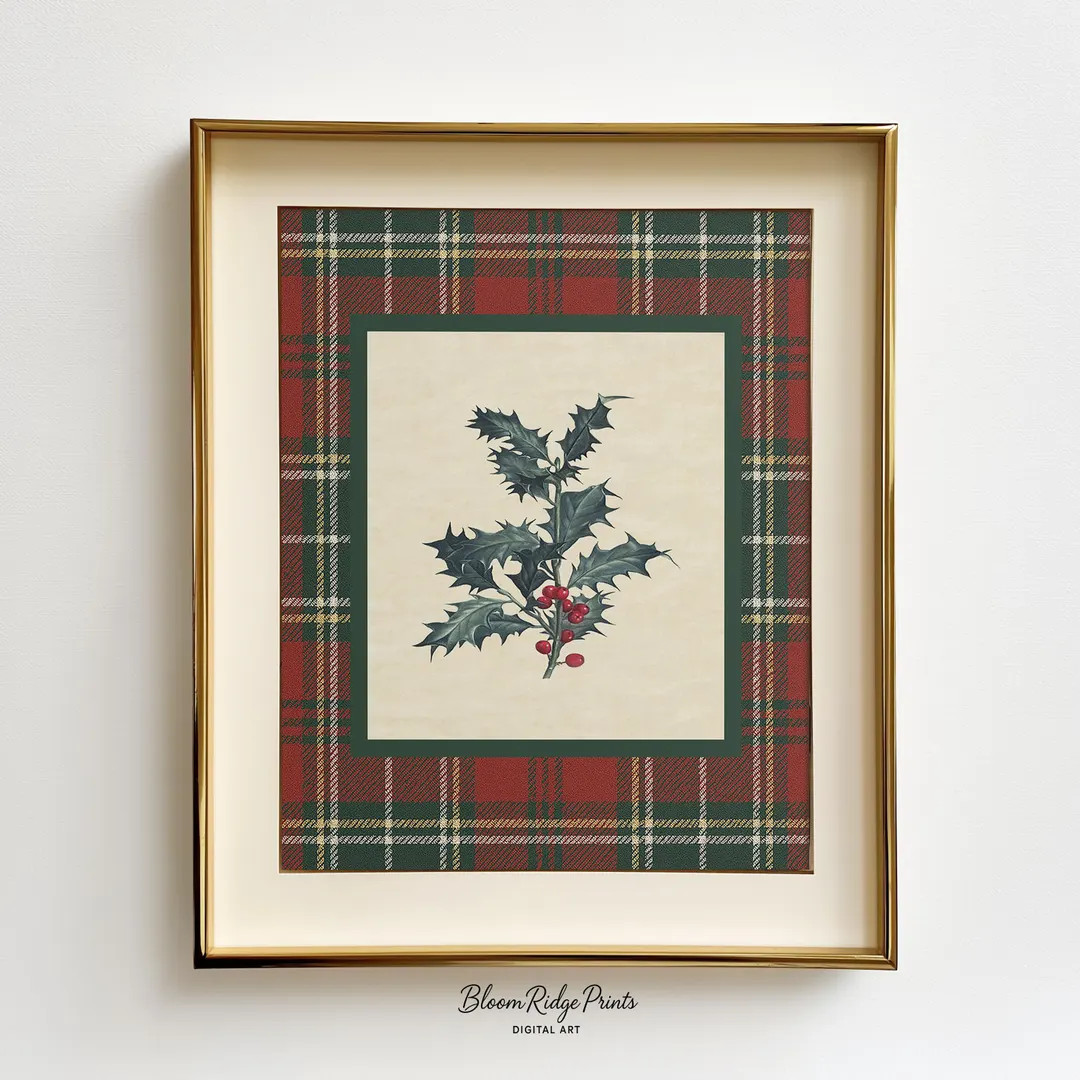 Vintage Christmas Holly Wall Art Print: Red Tartan Plaid Holiday Decor (Digital Download) #371 | Etsy (US)