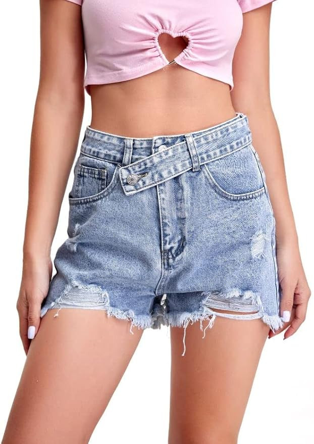 SweatyRocks Women's Casual High Waist Raw Hem Ripped Denim Jean Shorts with Pocket | Amazon (US)