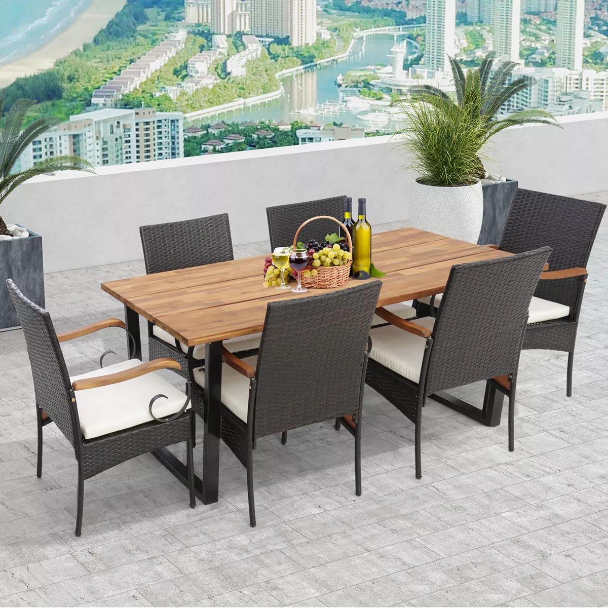 Costway 7 PCS Patio Rattan Dining Set Acacia Wood Table 6 Wicker Chairs with Umbrella Hole | Target
