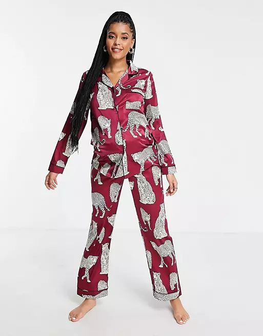 Chelsea Peers Maternity premium satin revere top and trouser pyjama set in wine leopard print | A... | ASOS (Global)