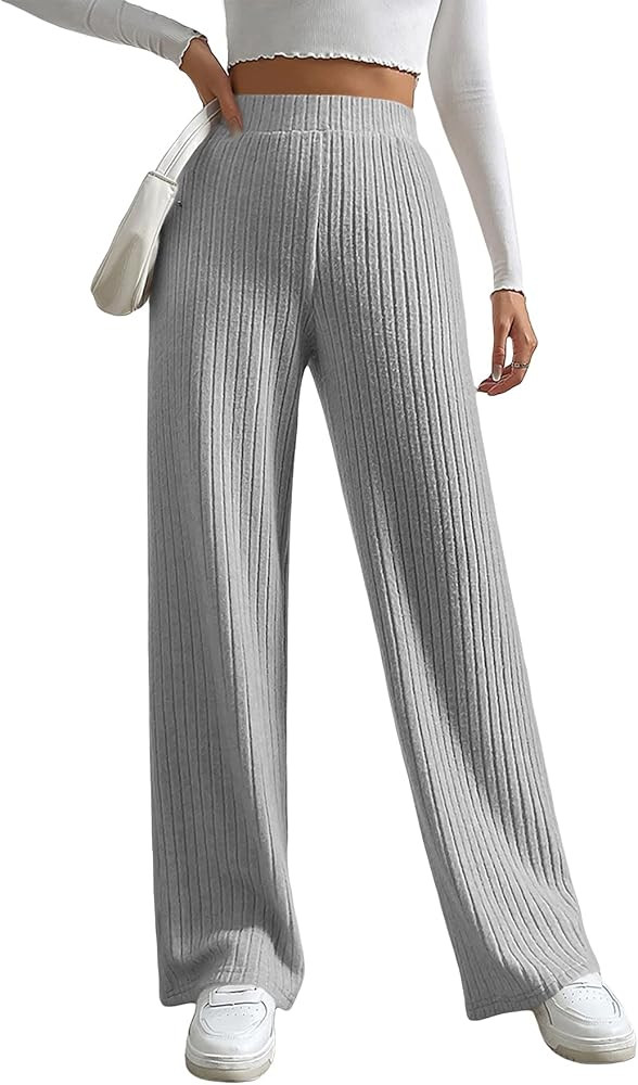 GORGLITTER Women's Wide Leg Ribbed Knit Pants High Waist Elastic Flare Palazzo Pants Trousers | Amazon (US)