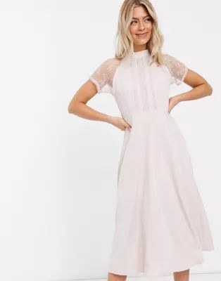 Liquorish a line lace detail midi dress in mink | ASOS (Global)