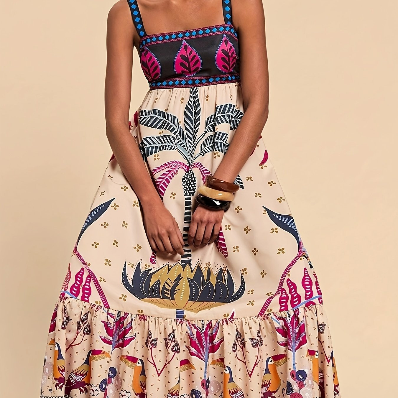 bohemian style tropical print maxi dress square neck shirred - Temu Canada | Temu Affiliate Program
