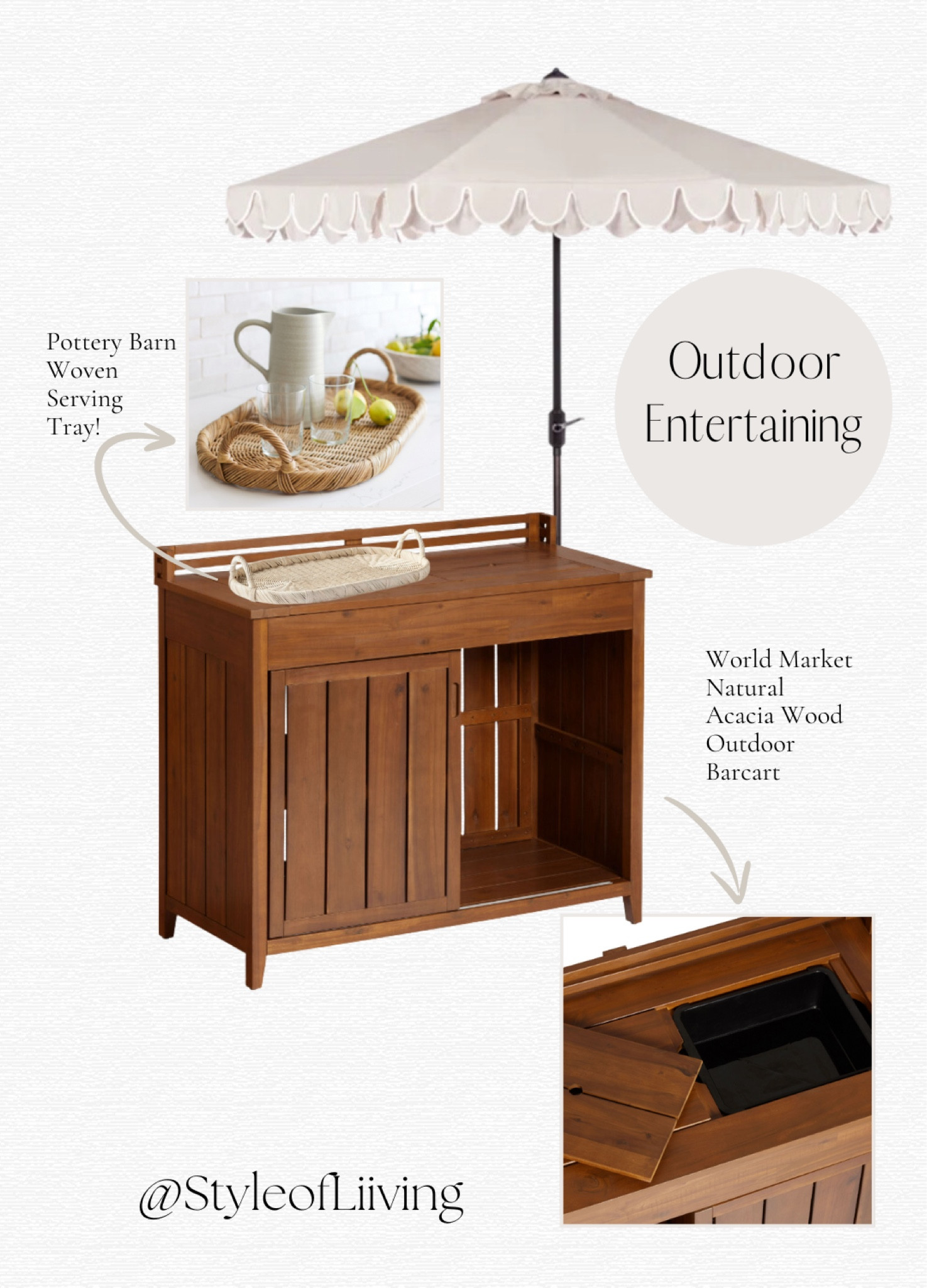Outdoor entertaining! World Market acacia wood bar cart, Pottery Barn serving tray, umbrella from Wayfair.

#LTKHome #LTKSeasonal #LTKStyleTip