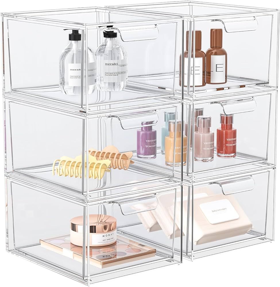 6 Pack Stackable Makeup Organizer and Storage, Acrylic Organizers，Clear Plastic Storage Drawer ... | Amazon (US)