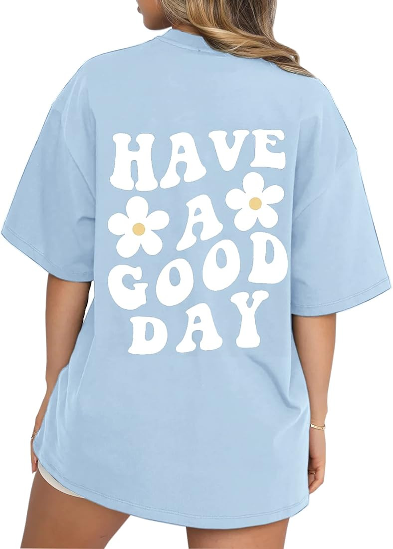 Cioatin Women’s Aesthetic Y2K Oversize Tee Shirt Top Floral Slogan Letter Graphic Drop Shoulder... | Amazon (US)