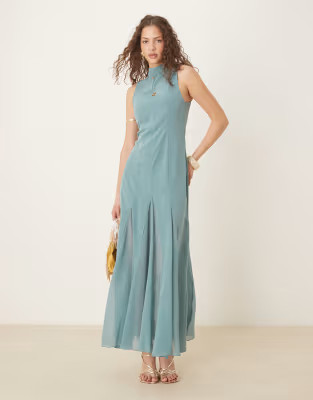 ASOS DESIGN high neck maxi dress with chiffon godets in washed blue | ASOS | ASOS (Global)