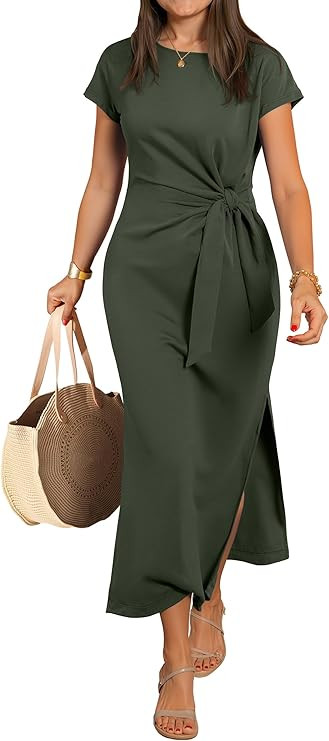 ANRABESS Womens Summer Maxi Dress Casual Crew Neck Tie Waist Split Wrinkle-Free Fit Long Fashion ... | Amazon (US)