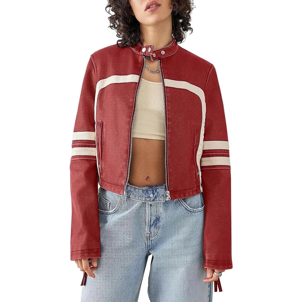 Women's Contrast-Color Stand Collar Faux Leather Cropped Moto Jacket - Red, Long Sleeve, Zip-Up, ... | Walmart (US)