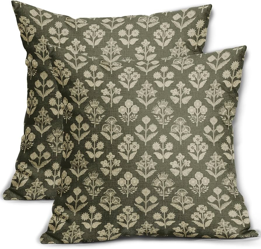 Olive Green Floral Block Print Pillow Covers 18x18 Inch Set of 2, Vintage Flower Pattern Decorati... | Amazon (CA)