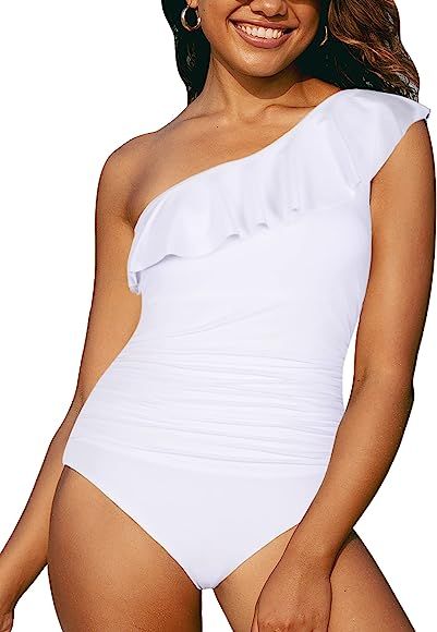 Hilor Women's One Piece Swimsuits One Shoulder Swimwear Asymmetric Ruffle Monokinis Bathing Suits | Amazon (US)