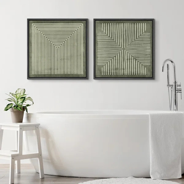 Green Geometric Abstract Line Minimalist - Framed Canvas Master Bedroom Wall Art Work 2 Pieces Pr... | Wayfair North America
