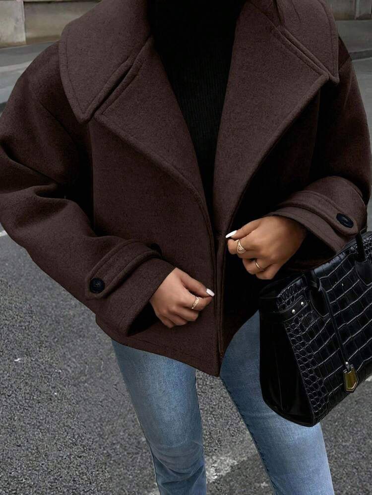 SHEIN Clasi Women's Large Lapel Decorated Button Long Sleeve Woolen Coat | SHEIN