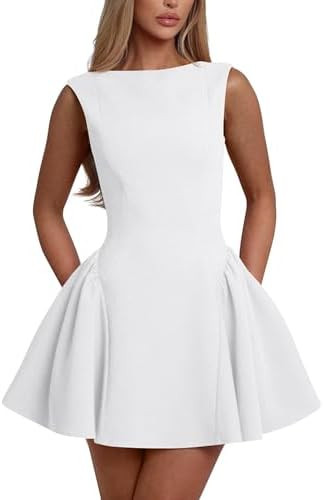 YMDUCH Women's Summer Sleeveless Crew Neck Backless A-line Mini Party Prom Dress | Amazon (US)