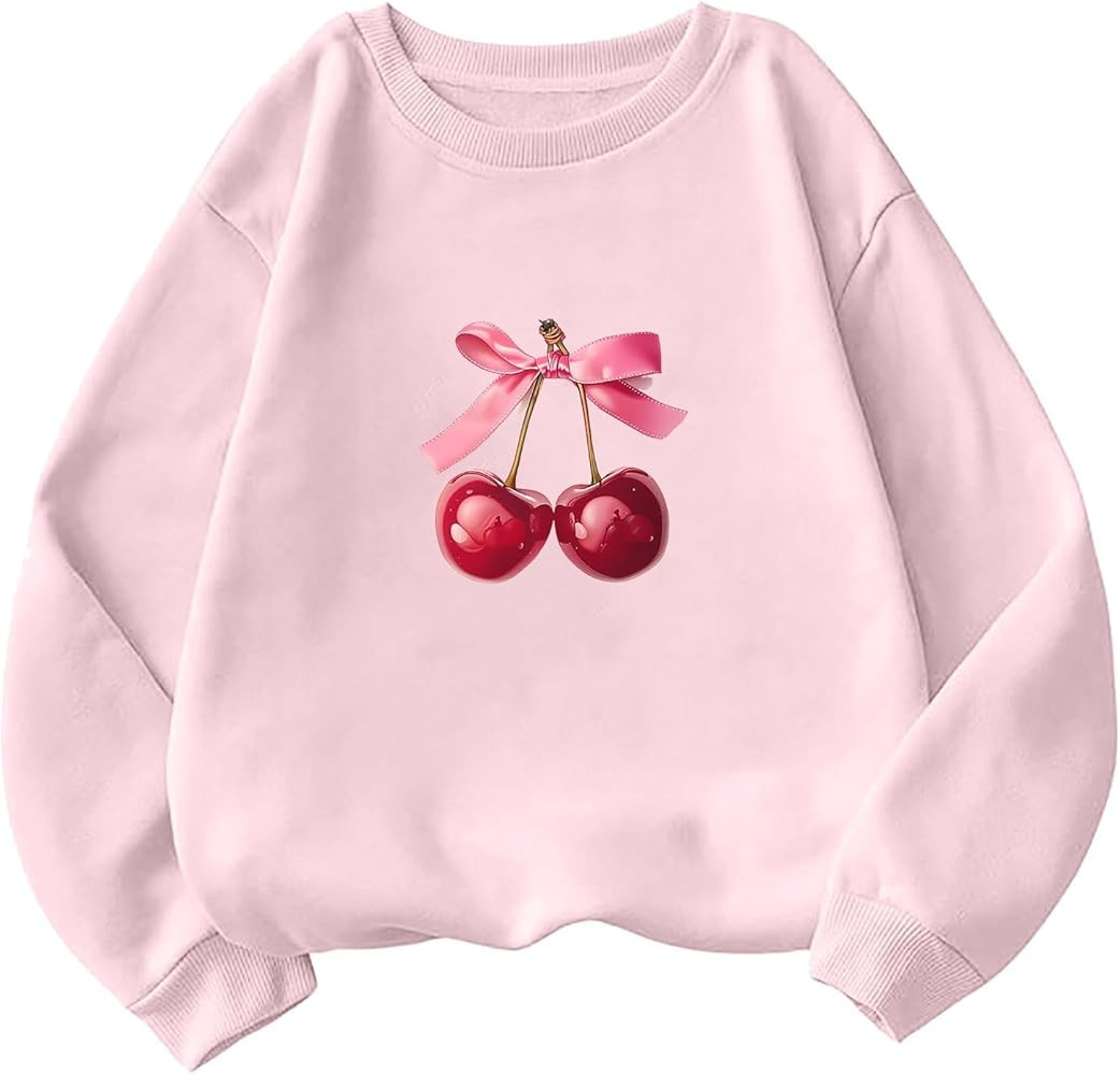 Akklian Cute Sweatshirt for Women Cherry Bow Print Long Sleeve Kawaii Pullover Oversized Loose Te... | Amazon (US)