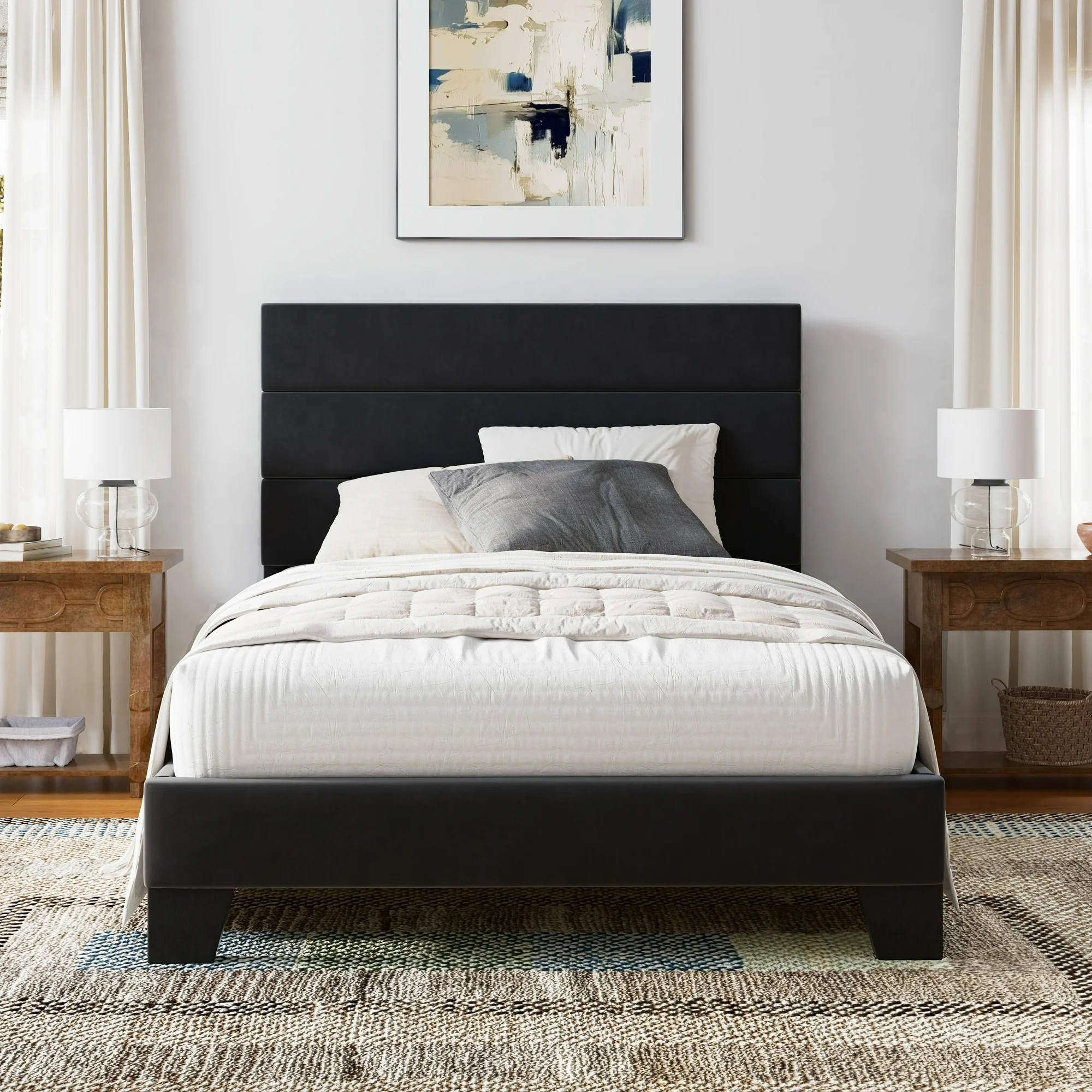 Einfach Twin Bed Frame, Platform Bed Frame with Panel Upholstered Velvet Headboard, Black | Walmart (US)